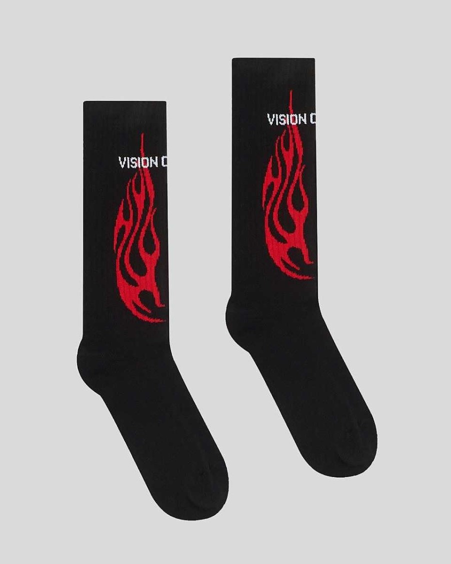 Men Vision of Super Socks | Black Socks With Red Tribal Flames