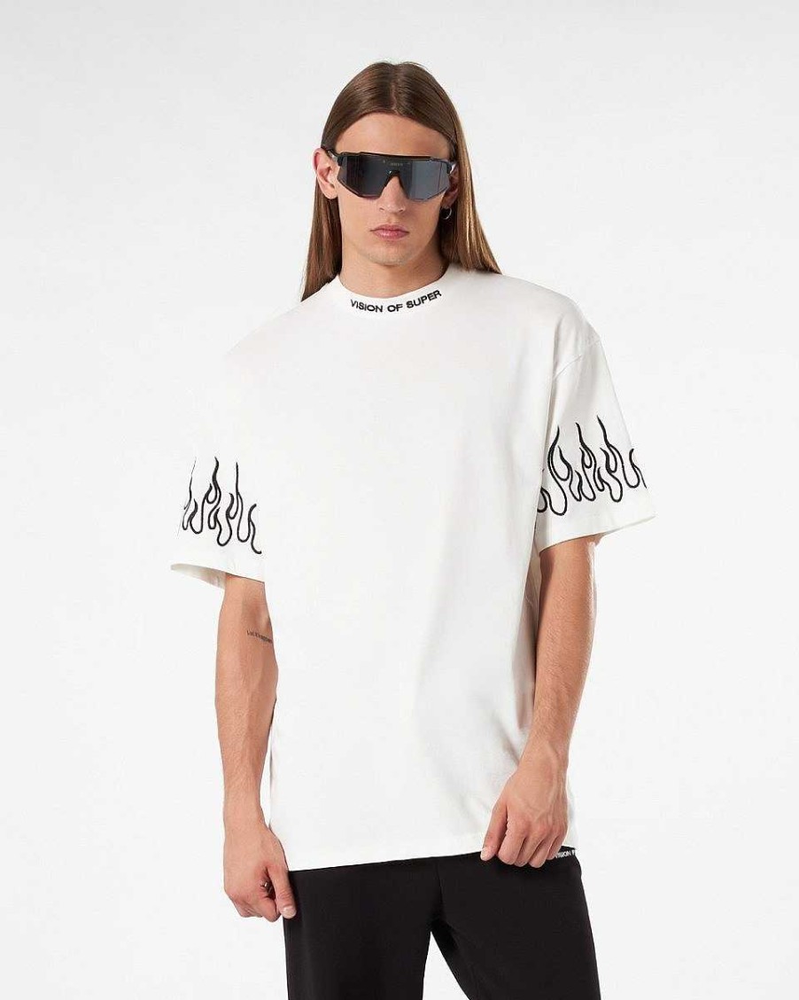 Men Vision of Super T-Shirts | White T-Shirt With Black Embroidered Flames