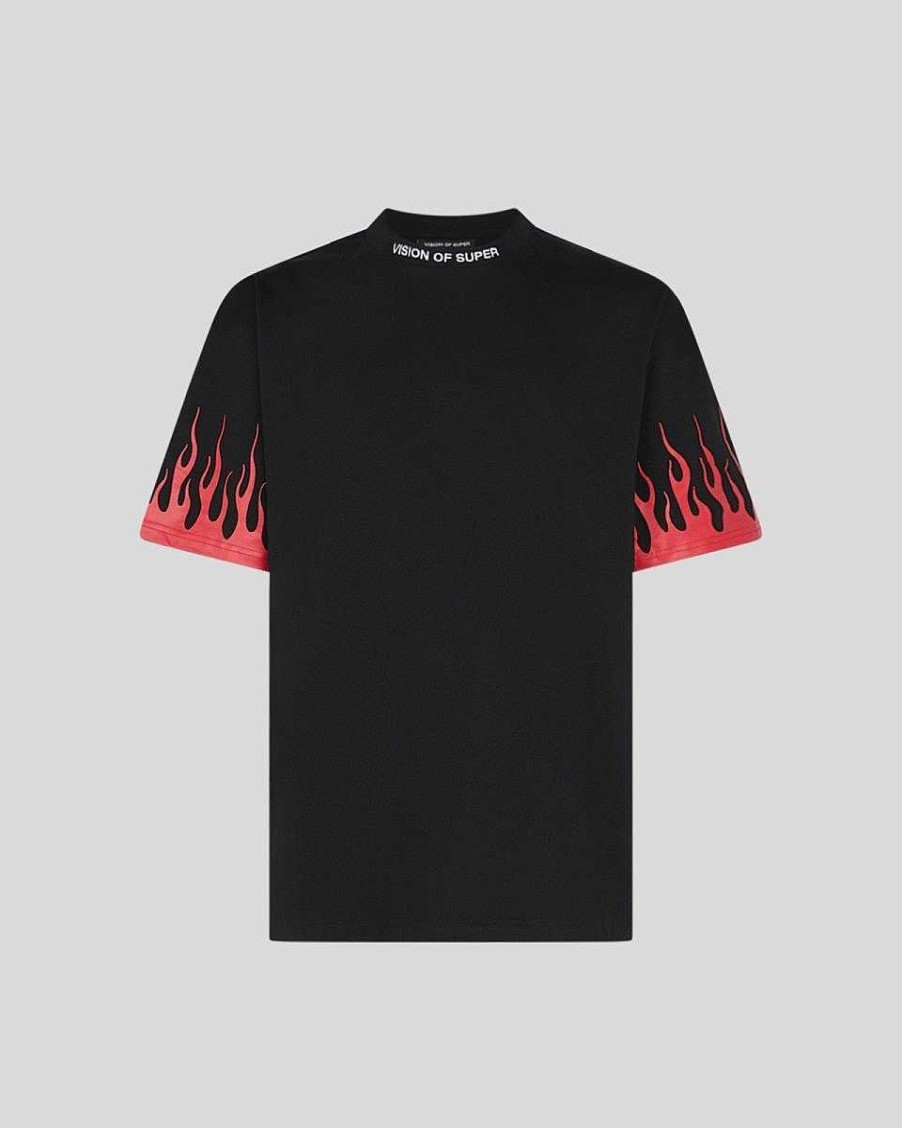 Men Vision of Super T-Shirts | Black T-Shirt With Printed Red Flames