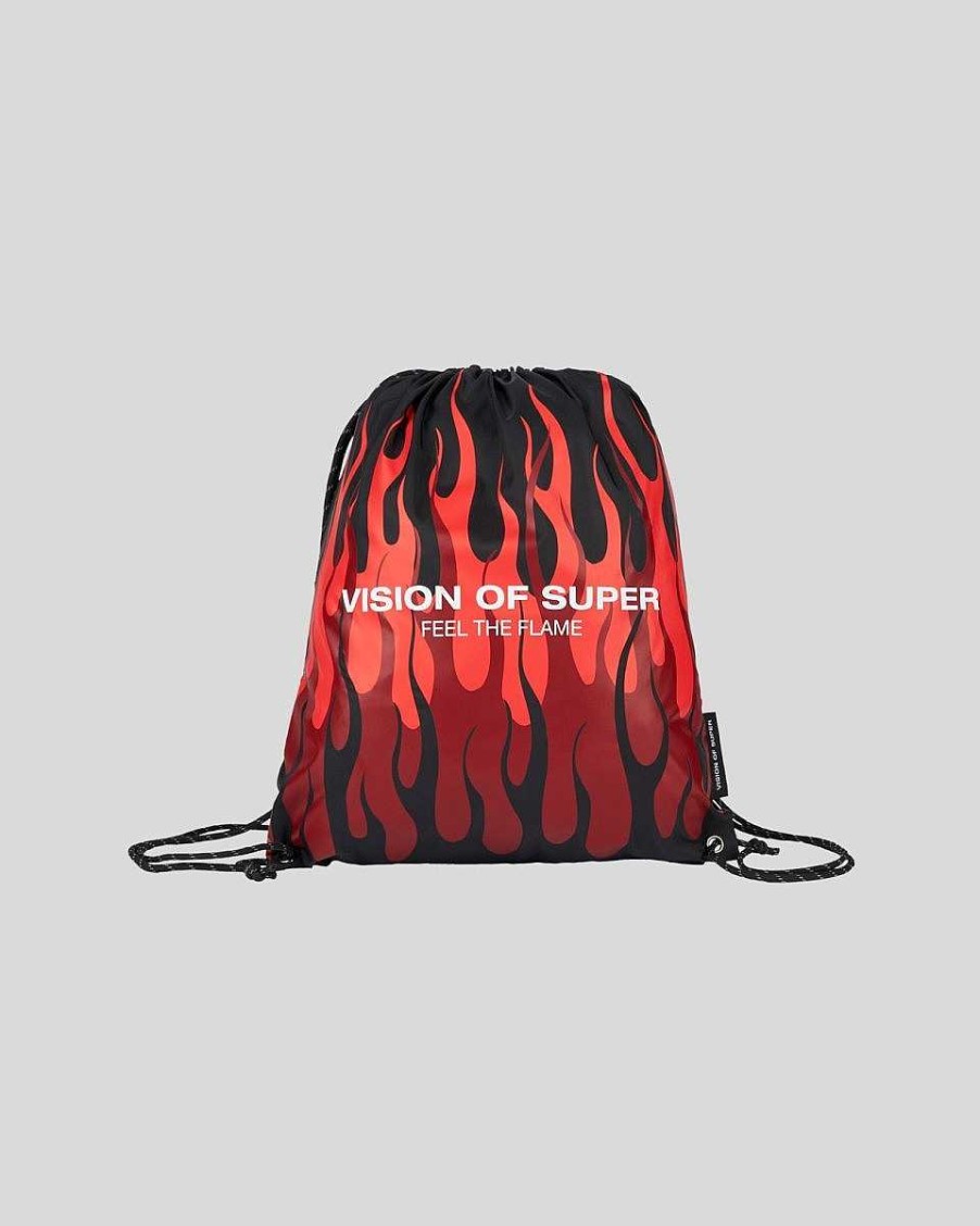 Men Vision of Super Accessories | Black Drawstring Backpack With Triple Flames And Logo Print