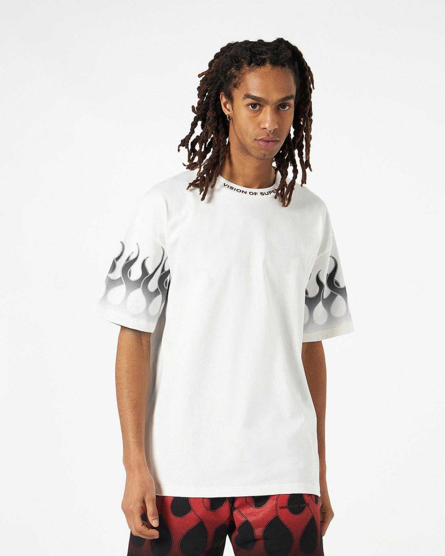 Men Vision of Super T-Shirts | White T-Shirt With Black Flames