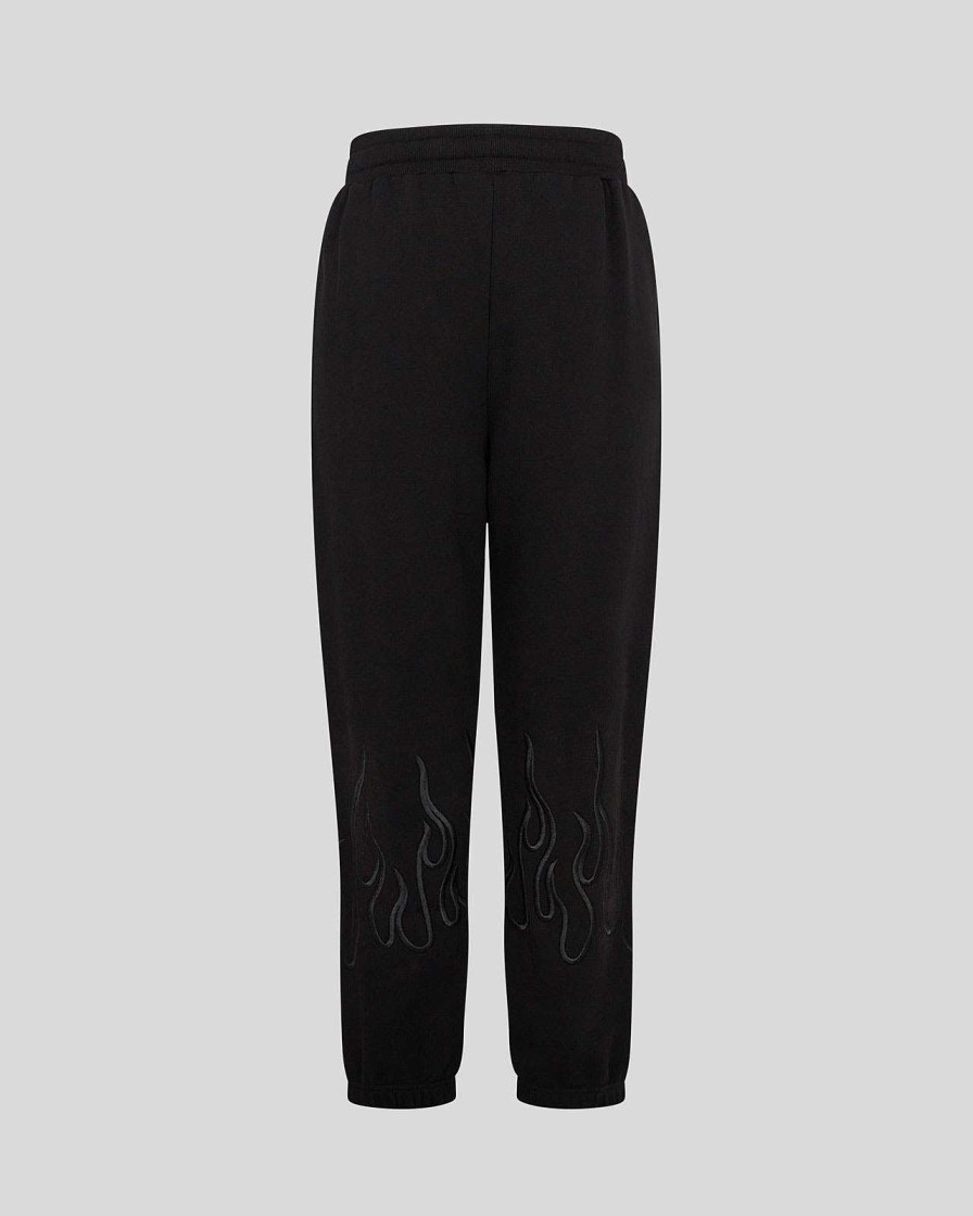 Men Vision of Super Pants | Black Pants With Black Embroidered Flames