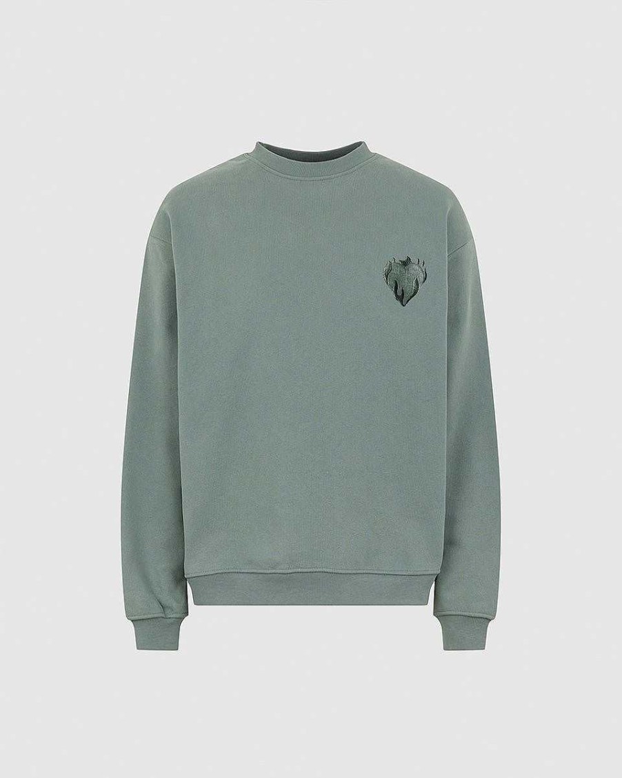 Men Vision of Super Sweatshirts | Balsam Green Crewneck With Embroidered Flaming Heart