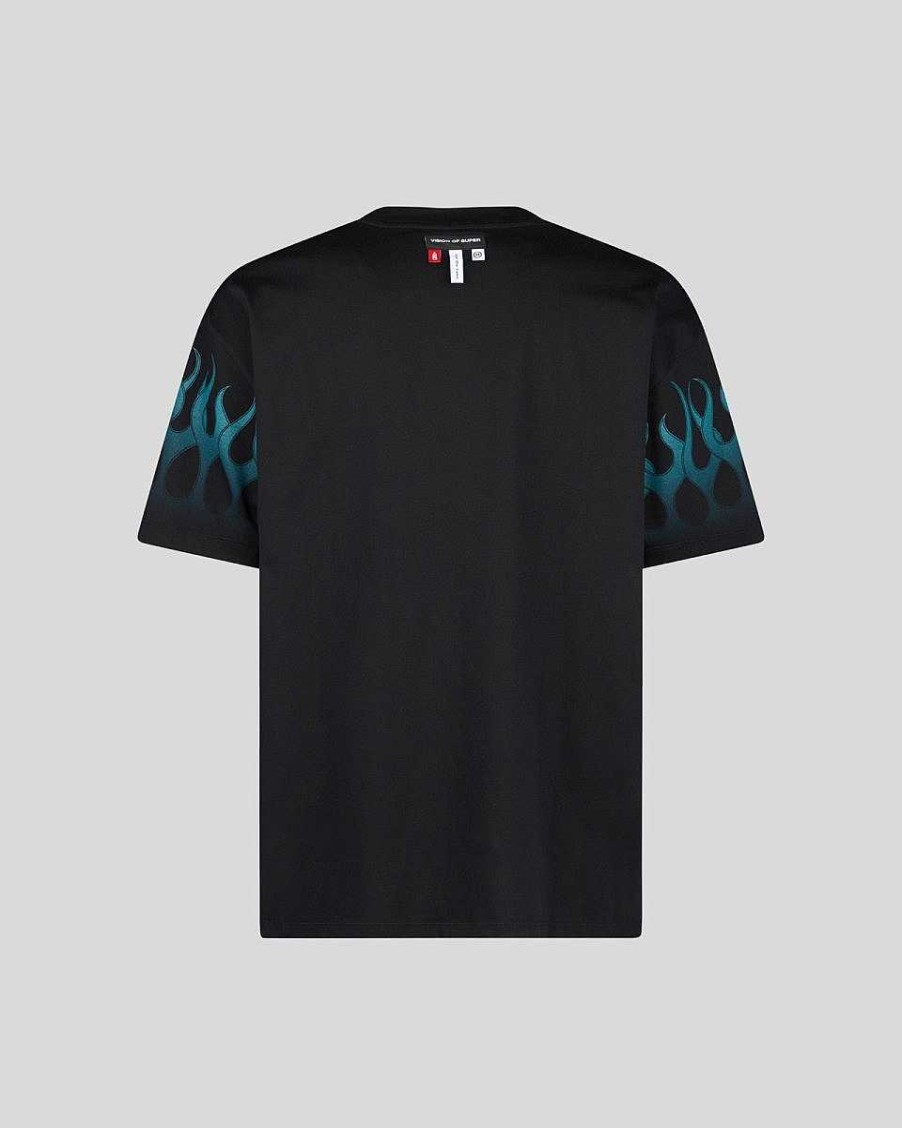 Men Vision of Super T-Shirts | Black T-Shirt With Light Blue Flames