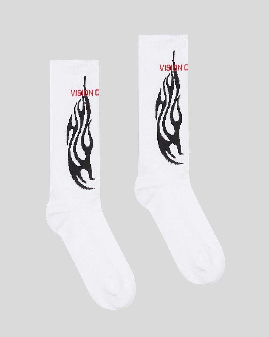 Men Vision of Super Socks | White Socks With Black Tribal Flames