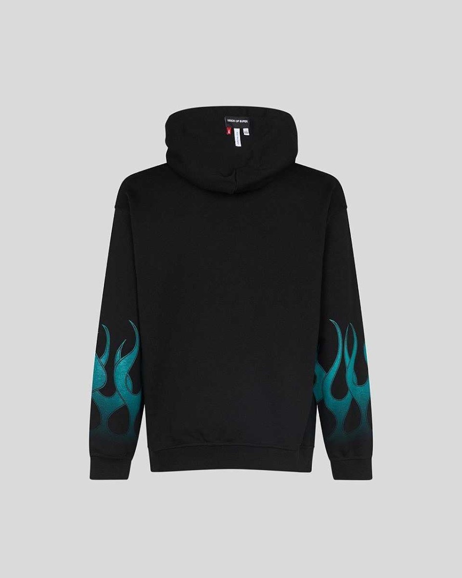 Men Vision of Super Sweatshirts | Black Hoodie With Green Flames