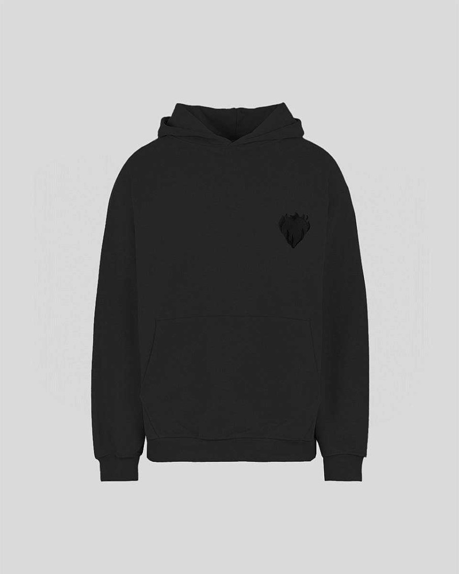 Men Vision of Super Sweatshirts | Black Hoodie With Embroidered Flaming Heart