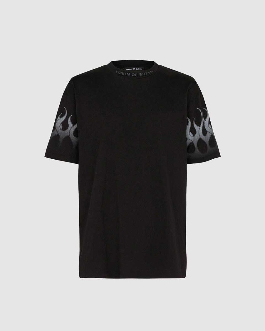 Men Vision of Super T-Shirts | Black T-Shirt With Grey Flames