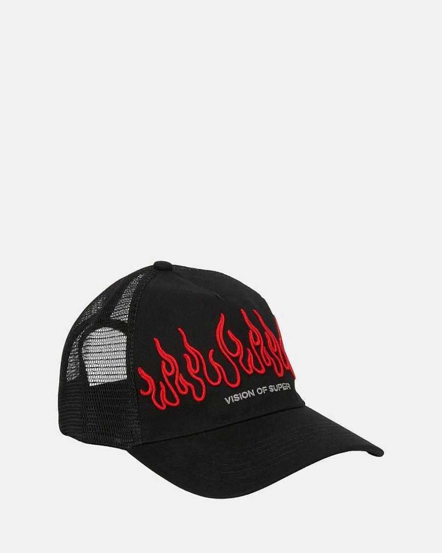 Men Vision of Super Accessories | Black Cap With Red Embroidered Flames