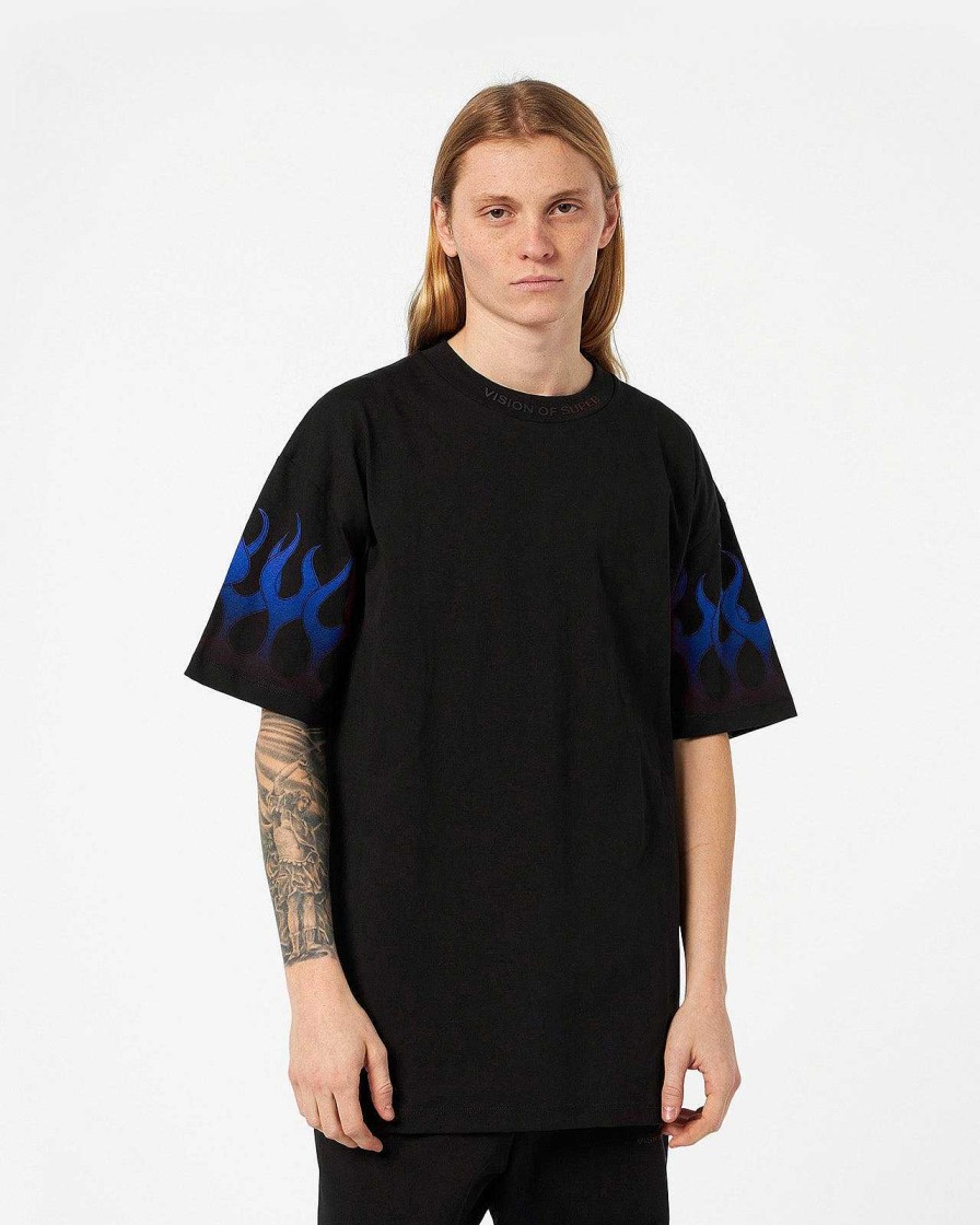 Men Vision of Super T-Shirts | Black T-Shirt With Blue Flames