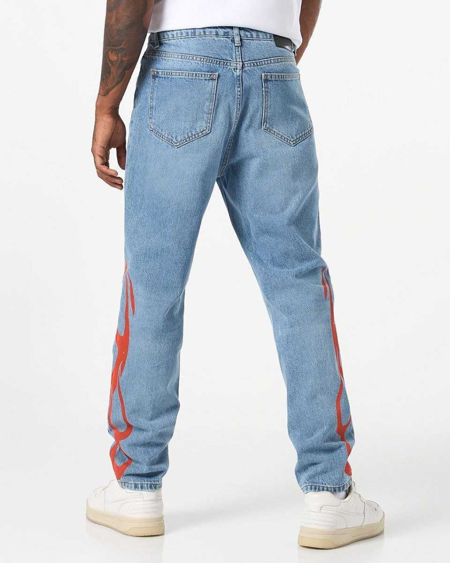 Men Vision of Super Pants | Blue Denim With Red Tribal Flames