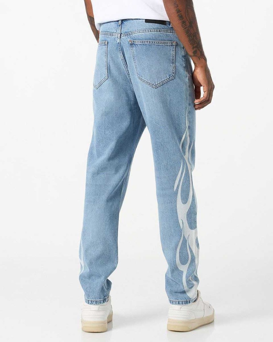 Men Vision of Super Pants | Blue Denim With White Tribal Flames