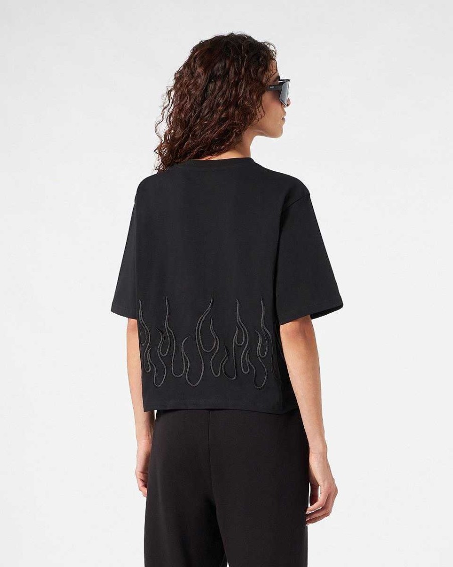 Men Vision of Super T-Shirts | Black Crop T-Shirt With Black Embroidered Flames