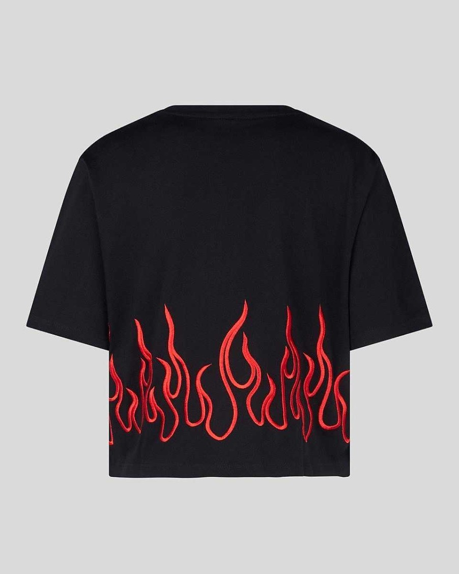 Men Vision of Super T-Shirts | Black Crop T-Shirt With Red Embroidered Flames