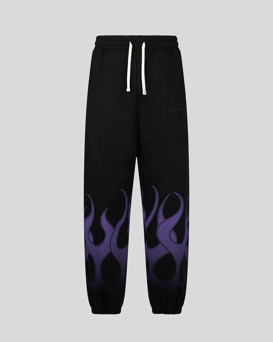 Men Vision of Super Pants | Black Pants With Purple Flames