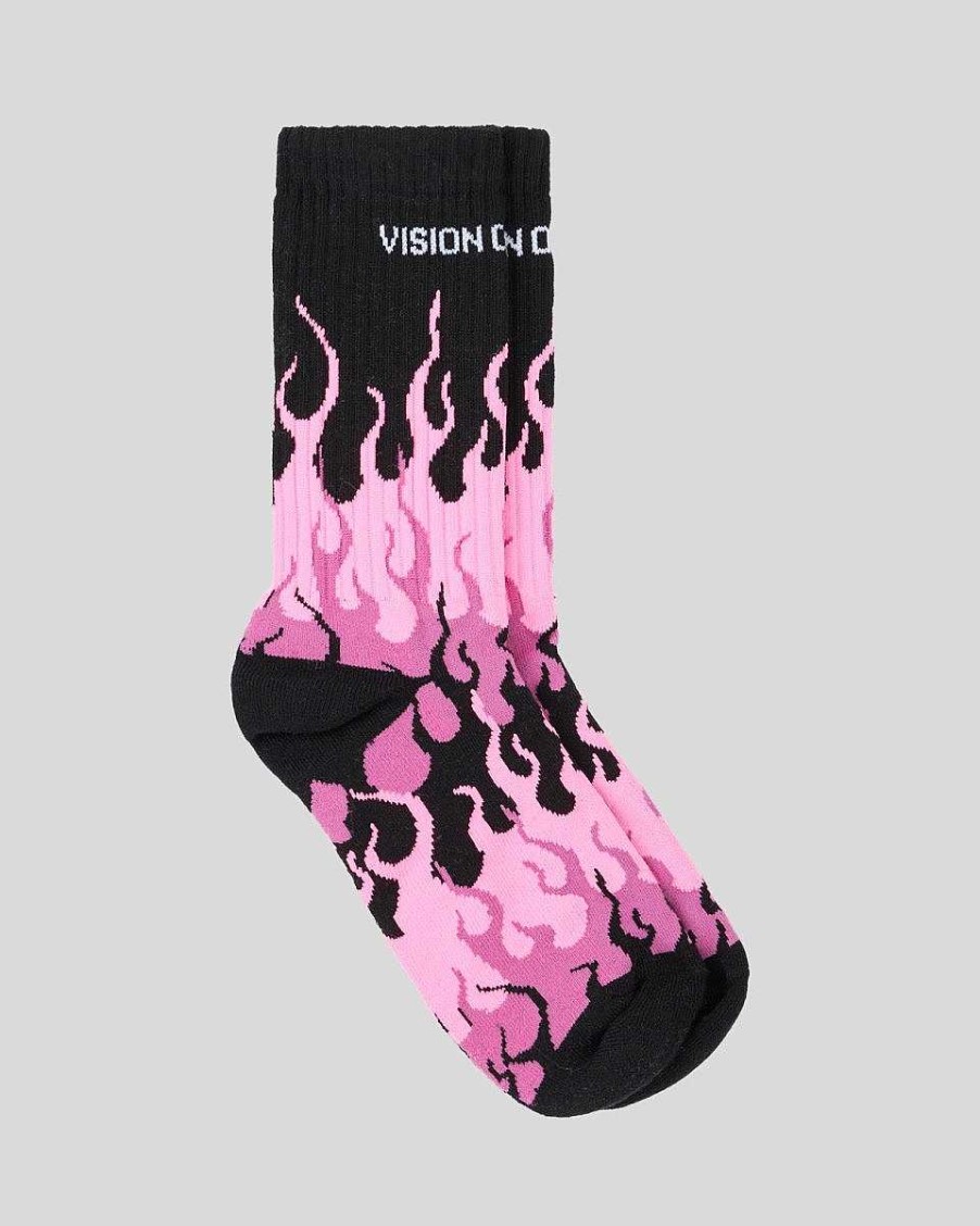 Men Vision of Super Socks | Black Socks With Fuchsia Triple Flames