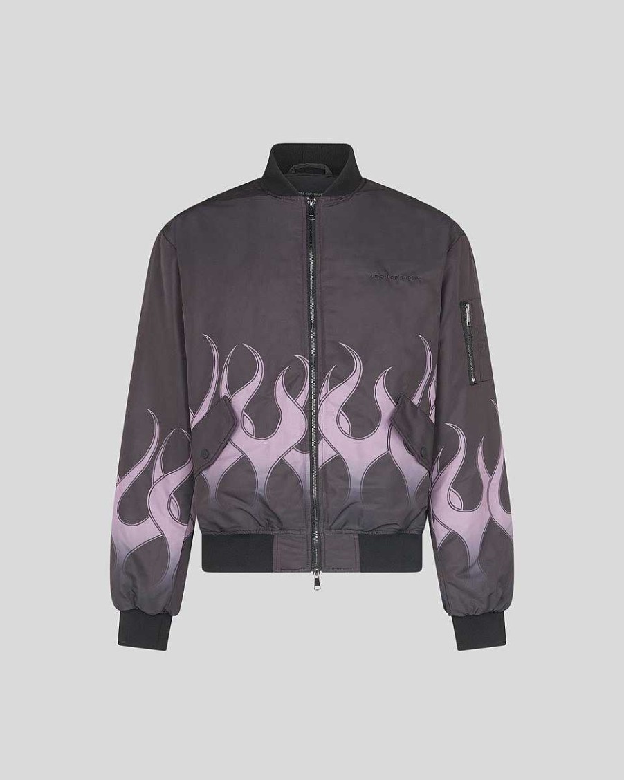 Men Vision of Super Outwear | Black Puffer Jacket With Purple Flames