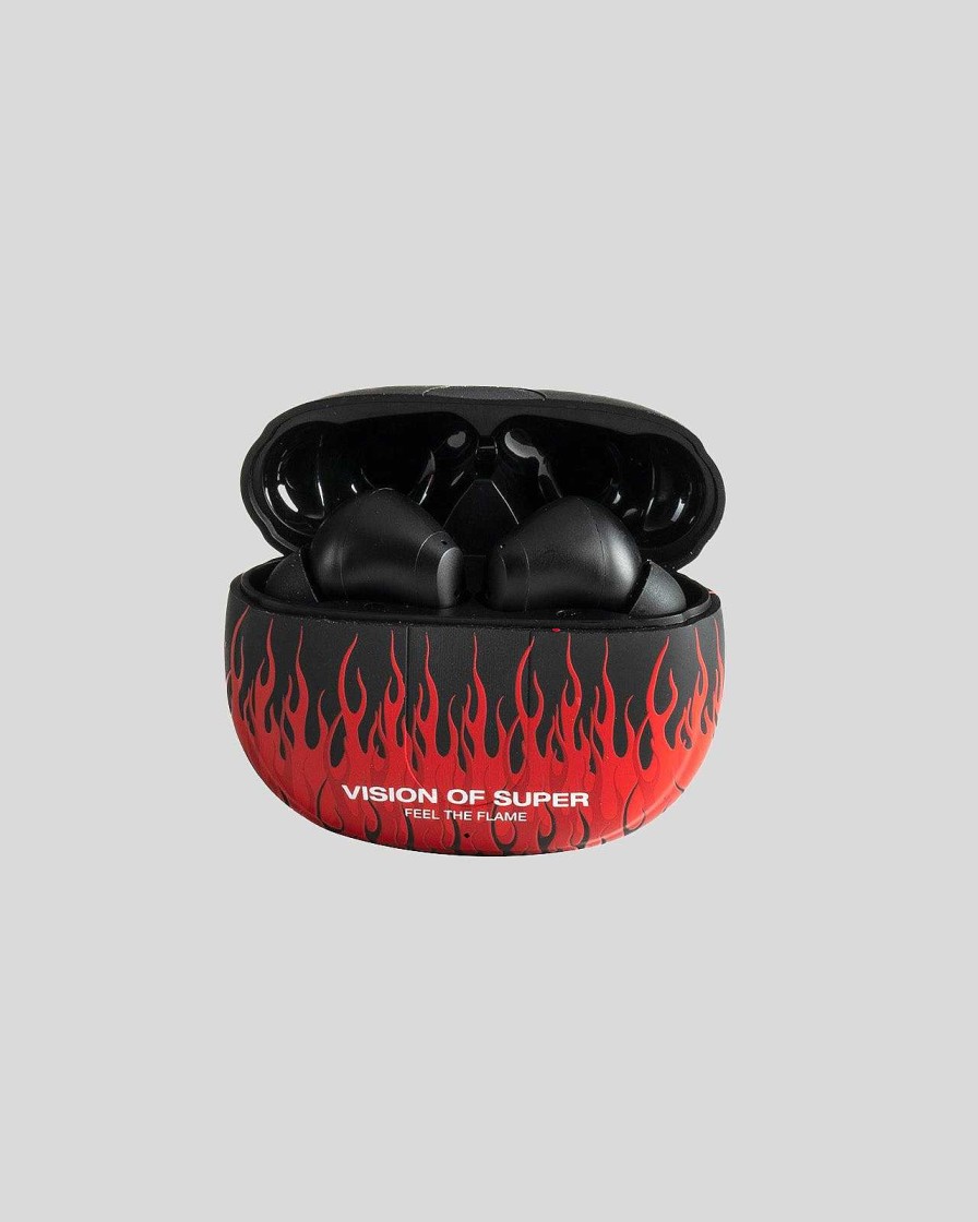 Men Vision of Super Accessories | Black Earphones With Red Flames And White Logo