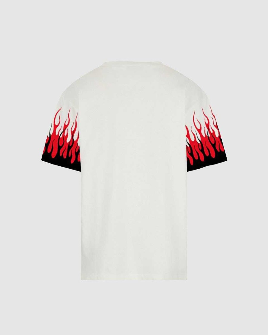 Men Vision of Super T-Shirts | White T-Shirt With Printed Black And Red Flames