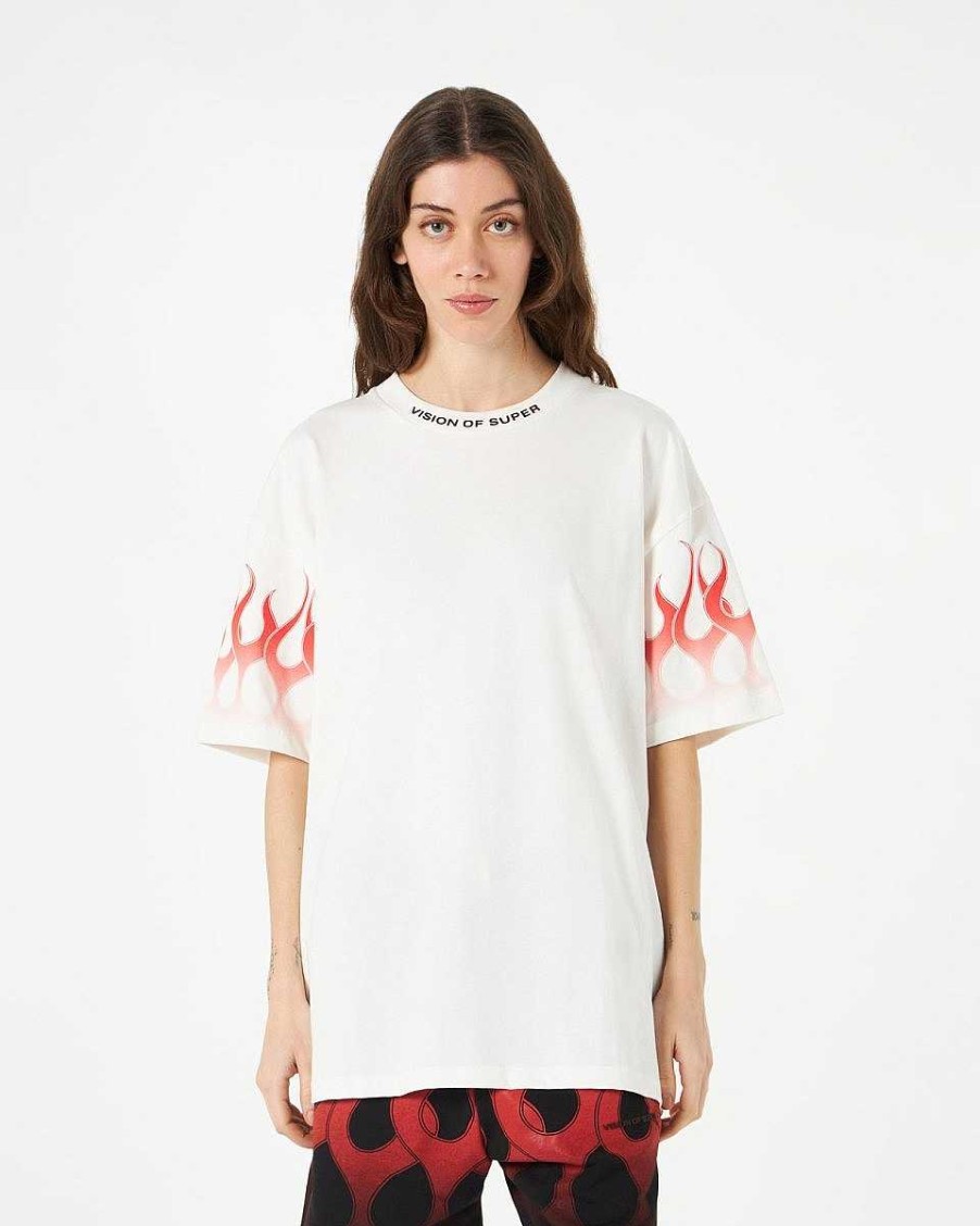 Men Vision of Super T-Shirts | White T-Shirt With Red Flames