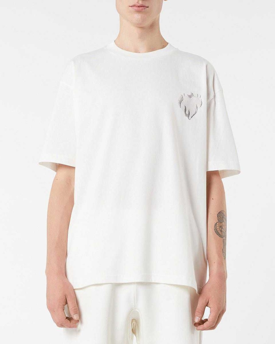 Men Vision of Super T-Shirts | Off White T-Shirt With Embroidered Flaming Heart