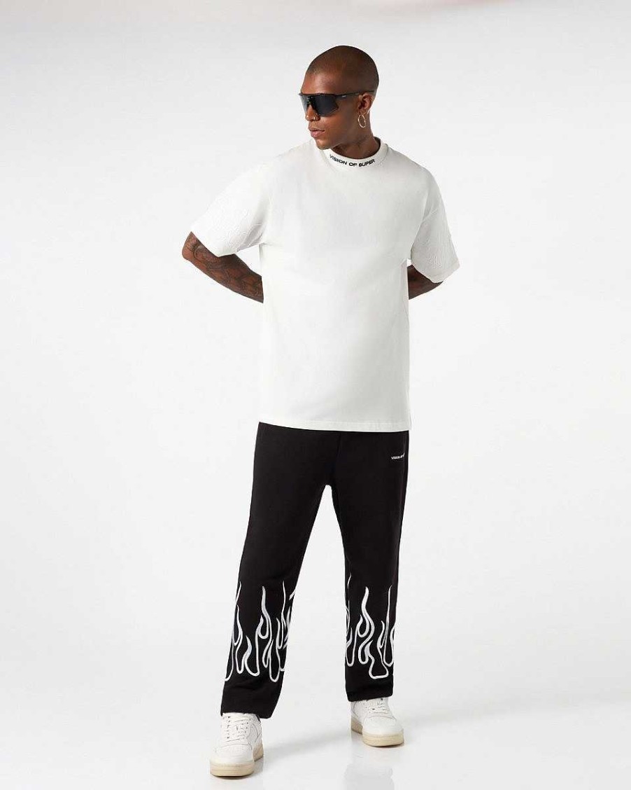 Men Vision of Super T-Shirts | White T-Shirt With White Embroidered Flames