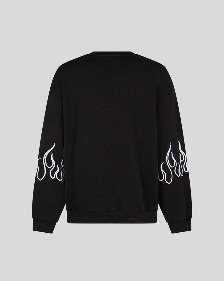 Men Vision of Super Sweatshirts | Black Crewneck With White Embroidered Flames