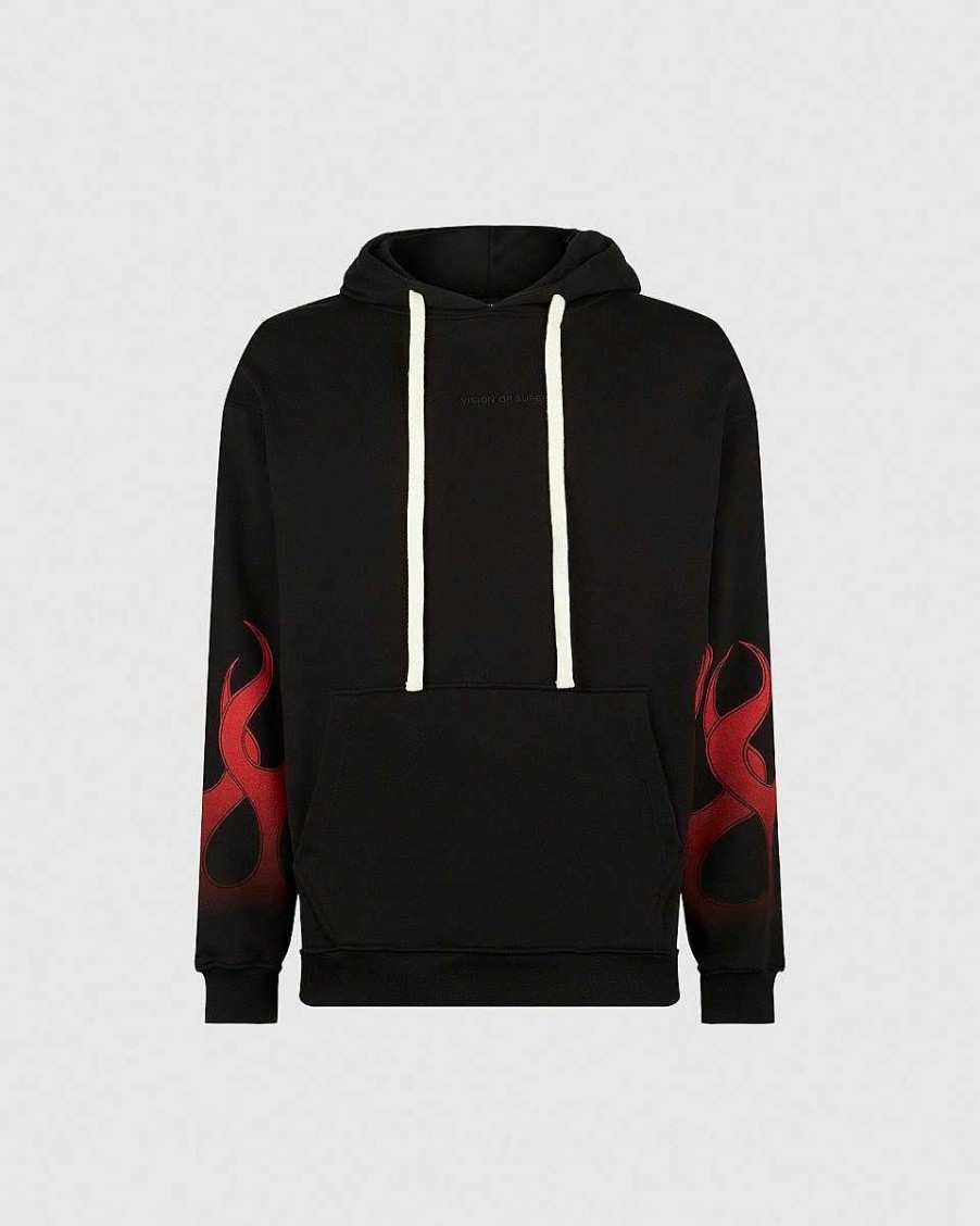 Men Vision of Super Sweatshirts | Black Hoodie With Red Flames