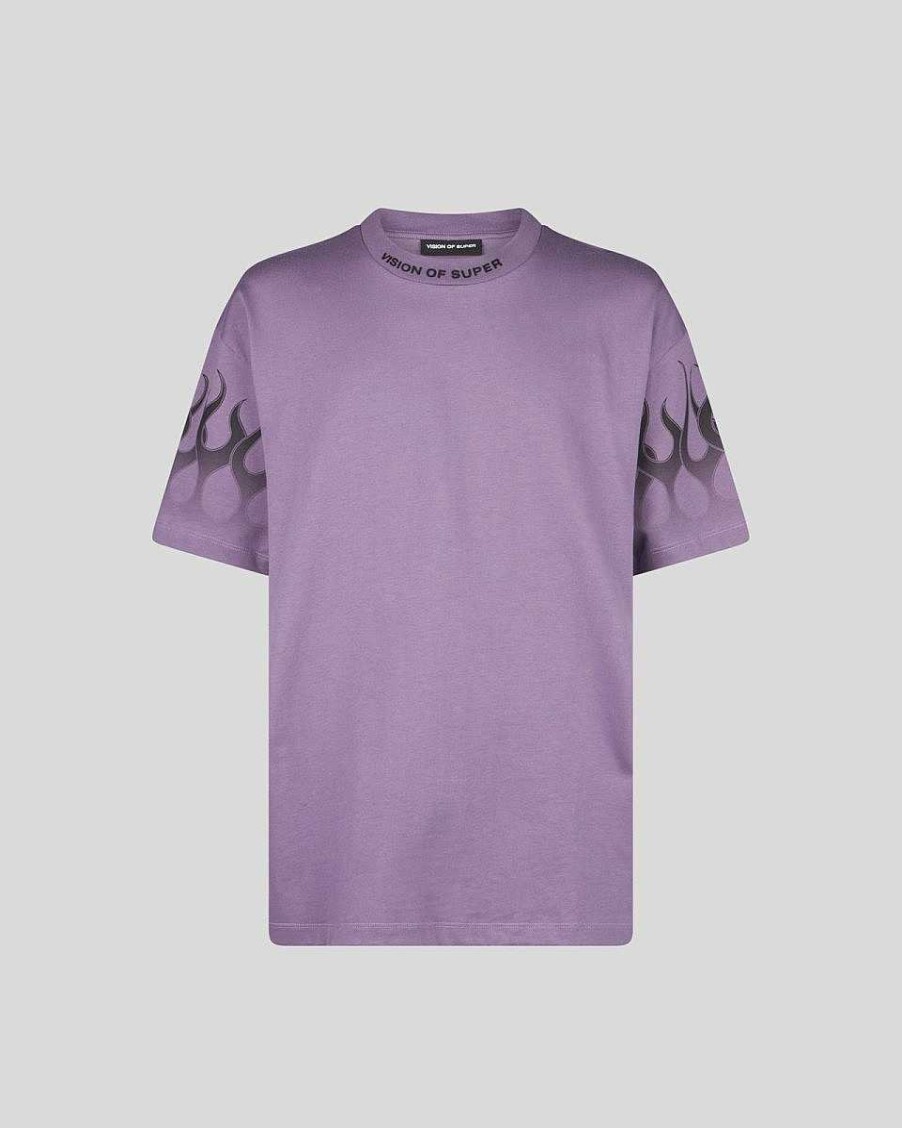 Men Vision of Super T-Shirts | Purple T-Shirt With Black Racing Flames