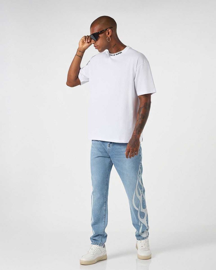 Men Vision of Super Pants | Blue Denim With White Tribal Flames