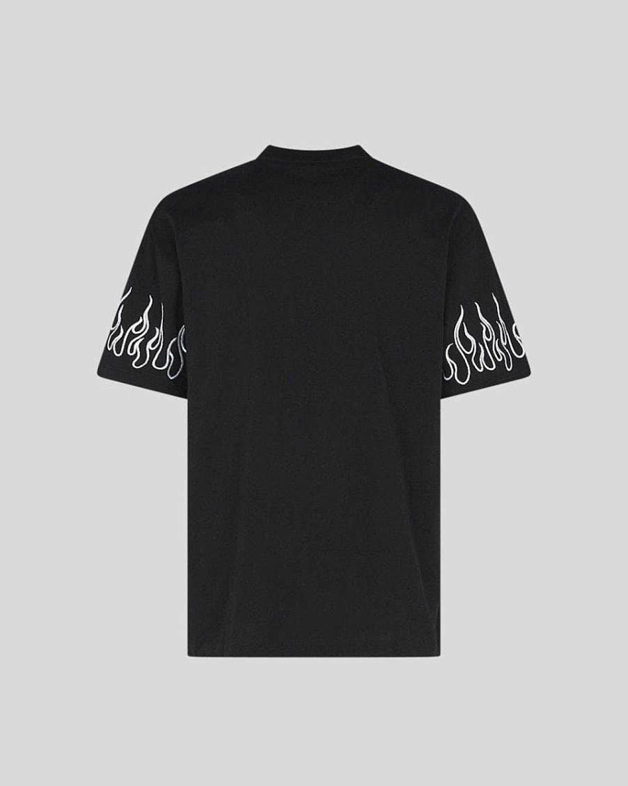 Men Vision of Super T-Shirts | Black T-Shirt With White Embroidered Flames