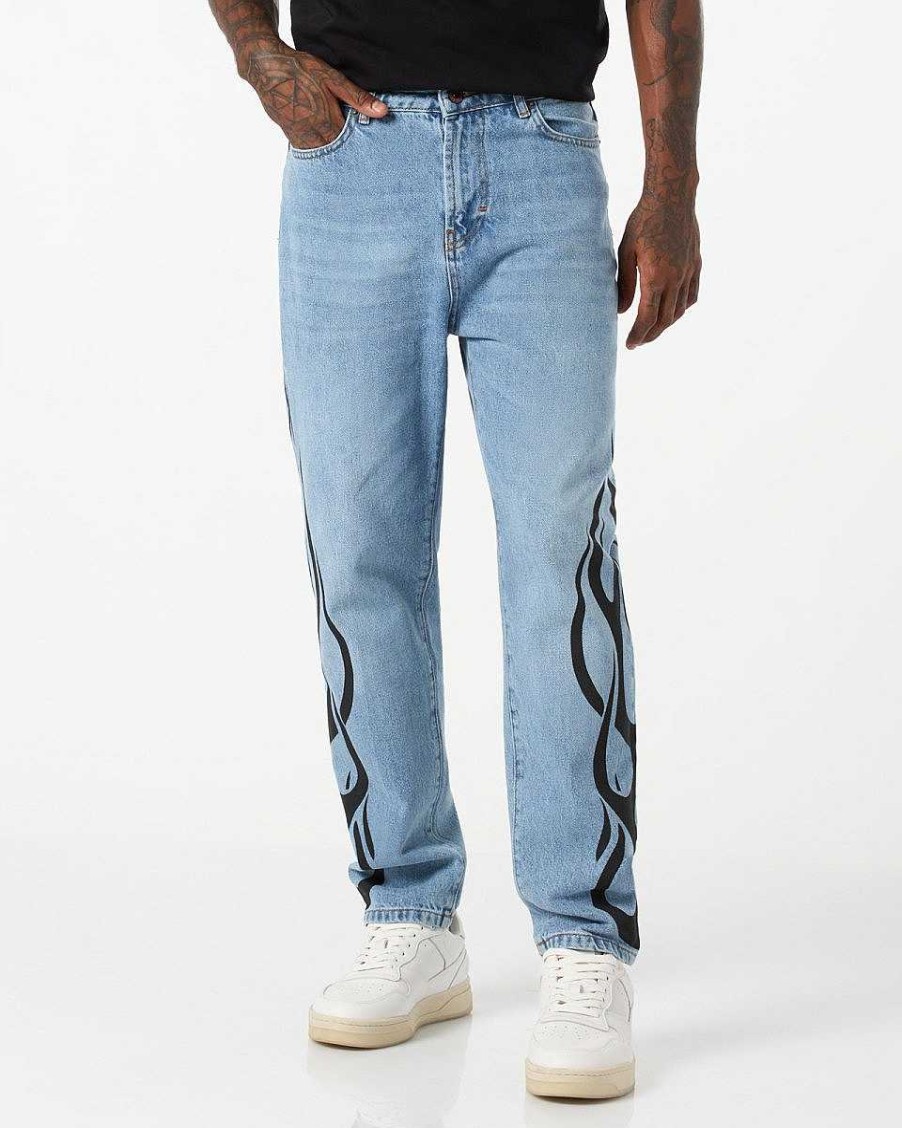 Men Vision of Super Pants | Blue Denim With Black Tribal Flames