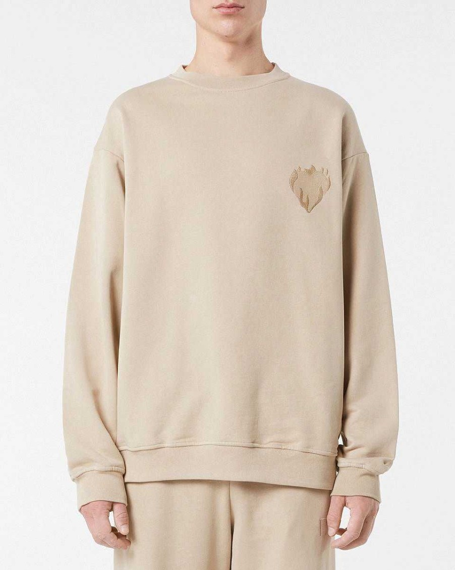 Men Vision of Super Sweatshirts | Light Brown Crewneck With Embroidered Flaming Heart