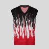 Men Vision of Super Jumpers | Black Knitwear Vest With Double Red And White Flames