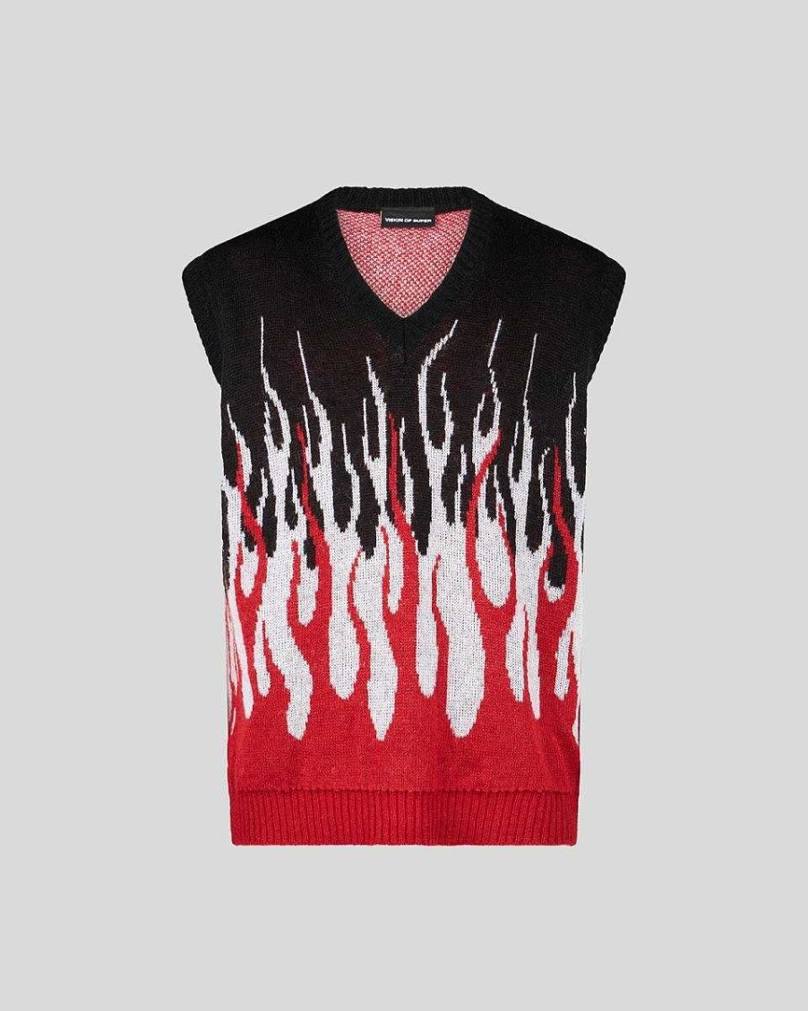 Men Vision of Super Jumpers | Black Knitwear Vest With Double Red And White Flames