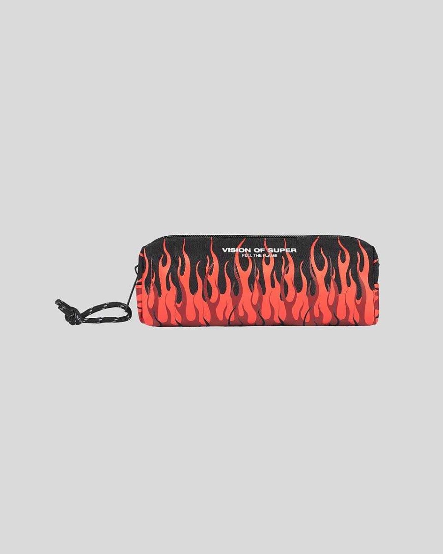 Men Vision of Super Accessories | Black Pencil Case With Triple Flames And Logo