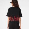 Men Vision of Super T-Shirts | Black Crop T-Shirt With Red Embroidered Flames