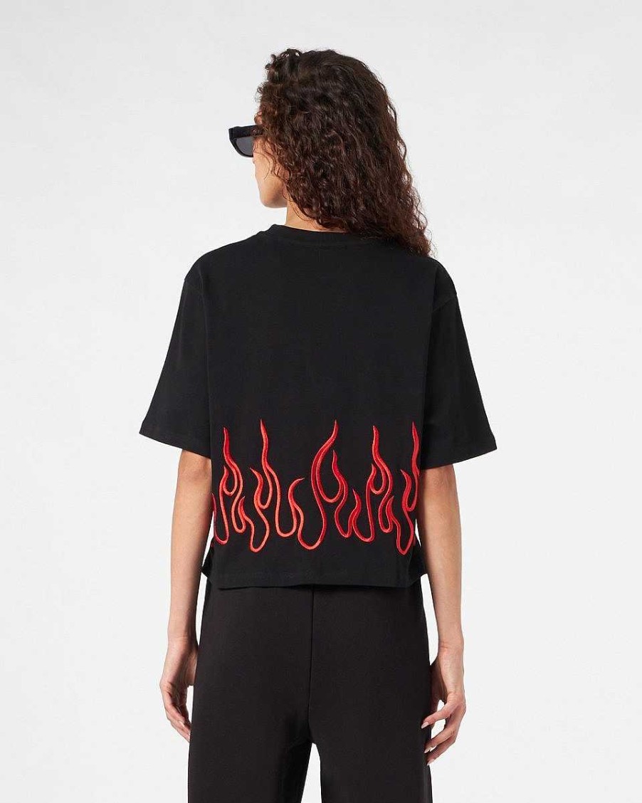 Men Vision of Super T-Shirts | Black Crop T-Shirt With Red Embroidered Flames