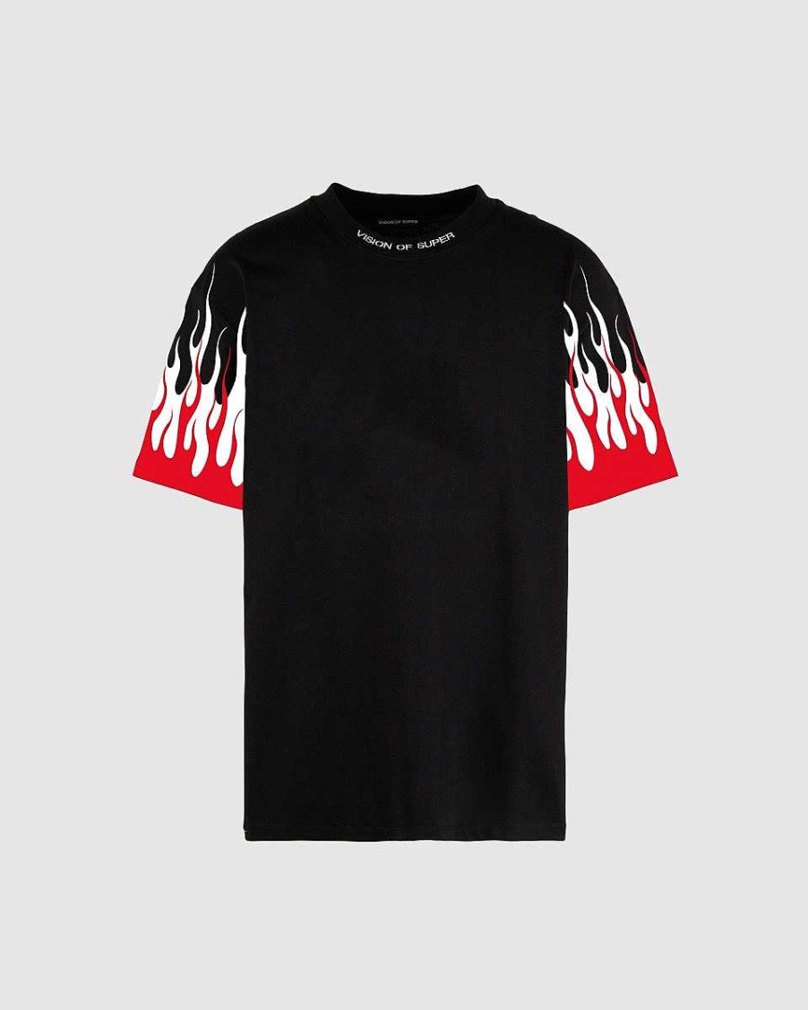 Men Vision of Super T-Shirts | Black T-Shirt With Printed Red And White Flames