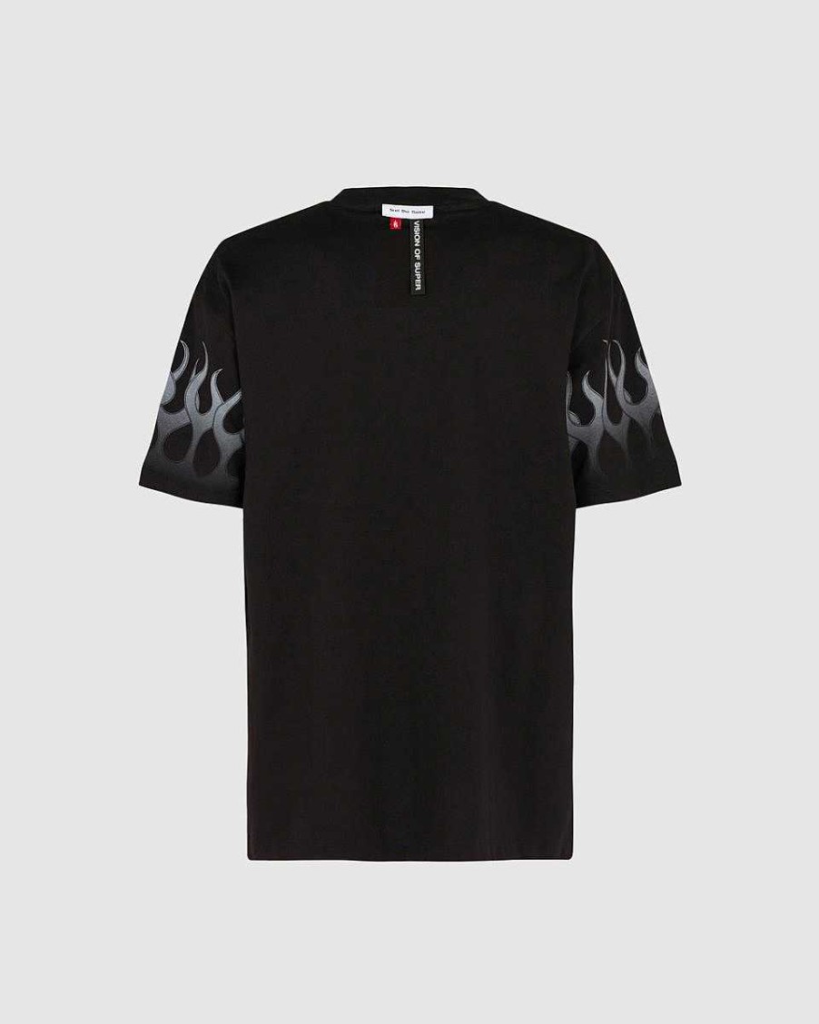 Men Vision of Super T-Shirts | Black T-Shirt With White Flames And Logo