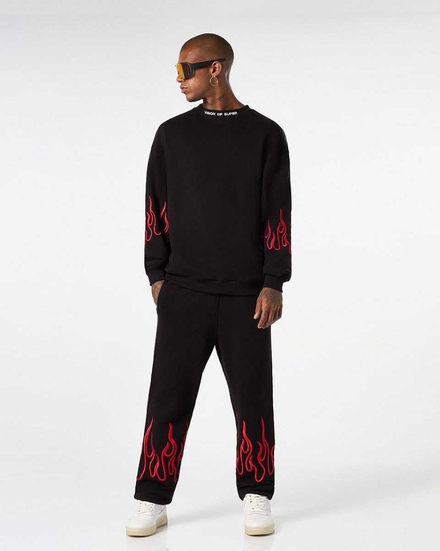 Men Vision of Super Sweatshirts | Black Crewneck With Red Embroidered Flames