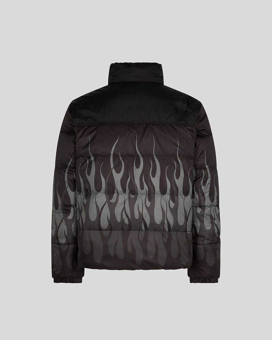 Men Vision of Super Outwear | Black Double Face Puffer Jacket With Black Triple Flames