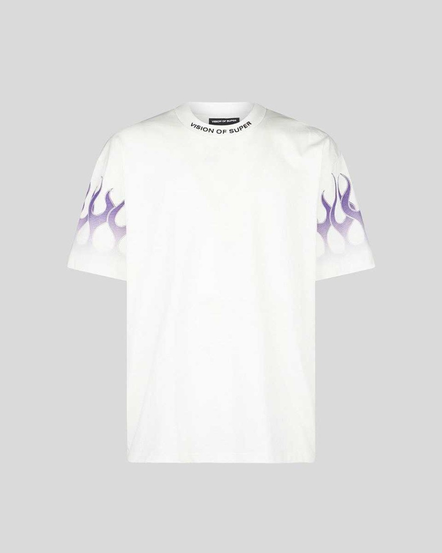 Men Vision of Super T-Shirts | White T-Shirt With Purple Flames