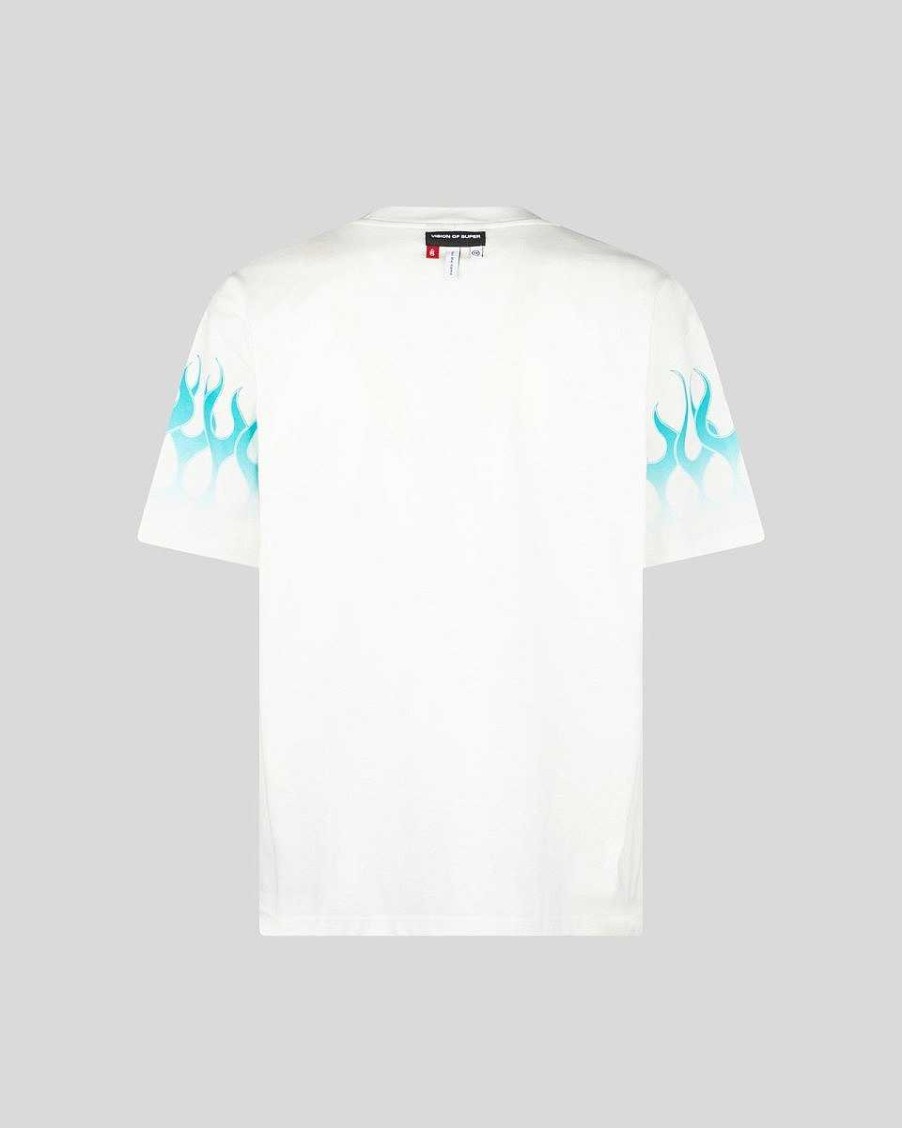 Men Vision of Super T-Shirts | White T-Shirt With Light Blue Flames