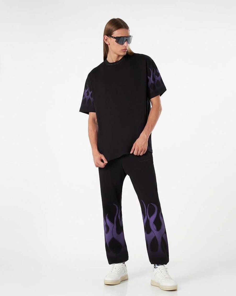 Men Vision of Super T-Shirts | Black T-Shirt With Purple Flames