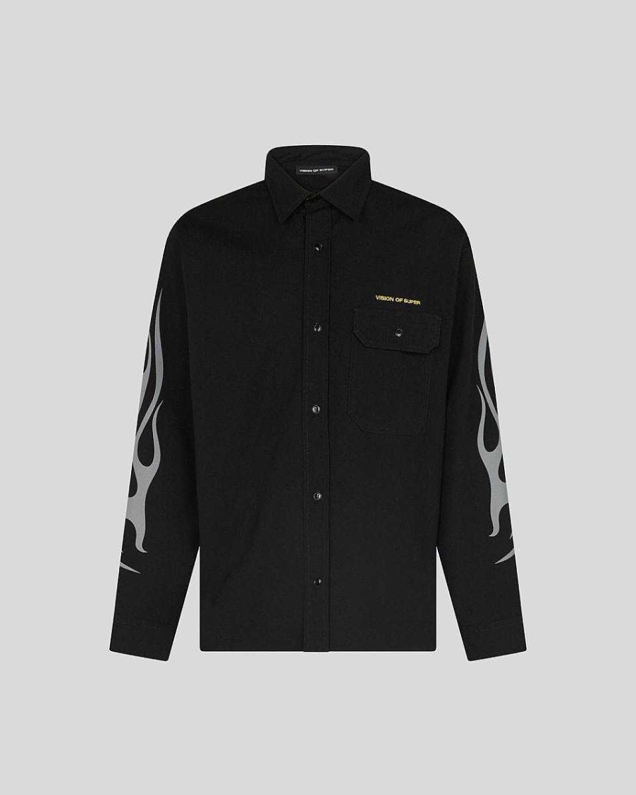 Men Vision of Super Shirts | Black Worker Shirt With Tribal Flames