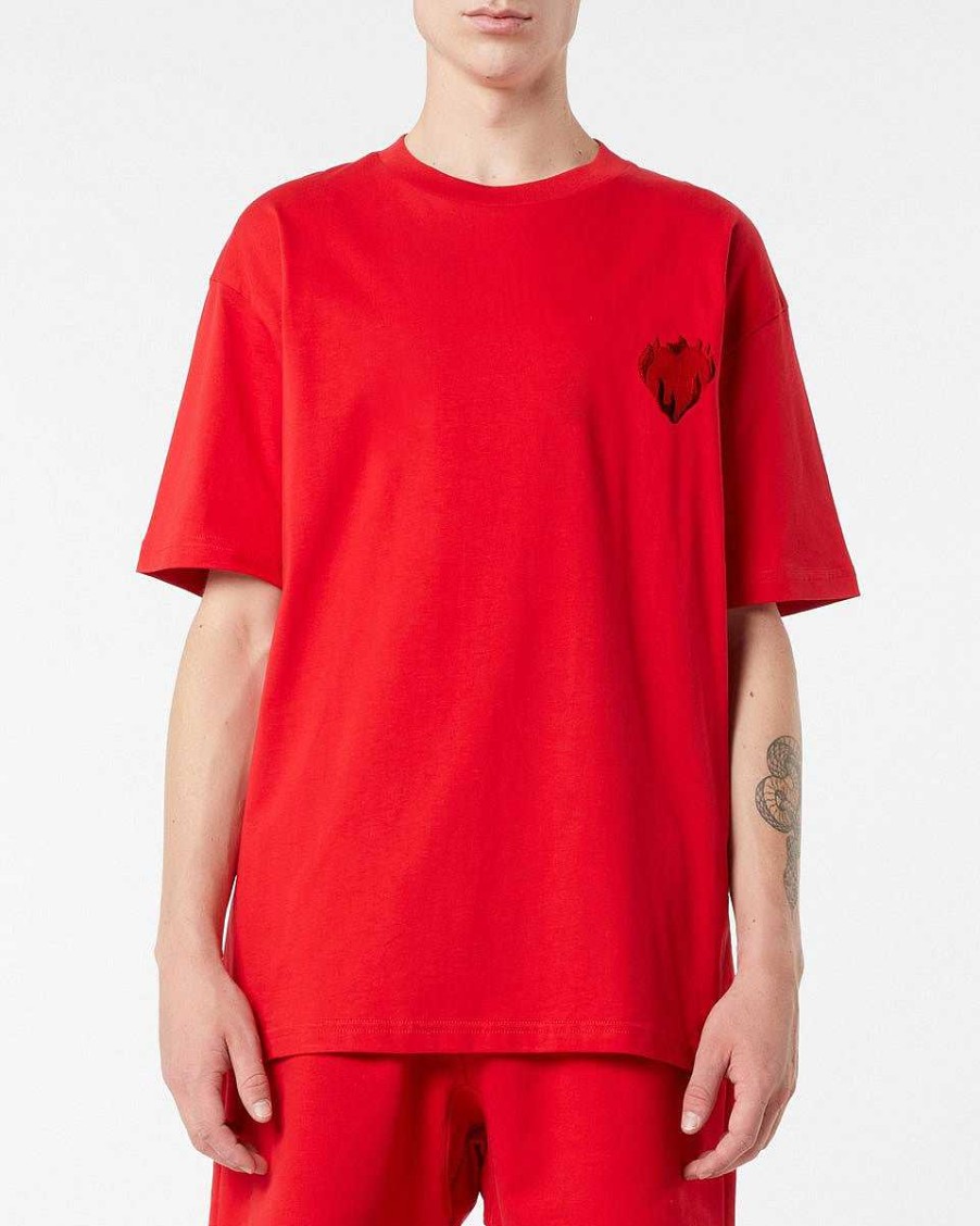 Men Vision of Super T-Shirts | Red T-Shirt With Embroidered Flaming Heart