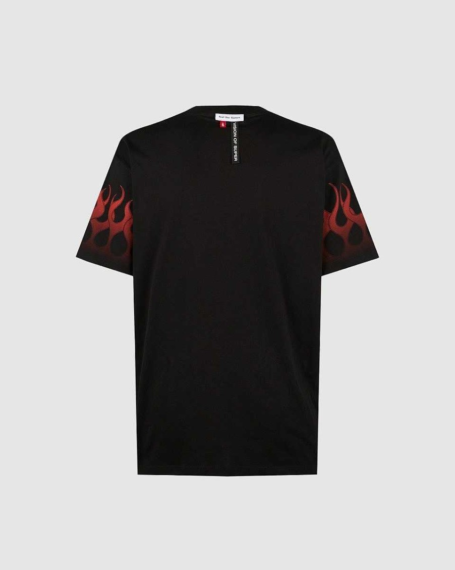 Men Vision of Super T-Shirts | Black T-Shirt With Red Flames