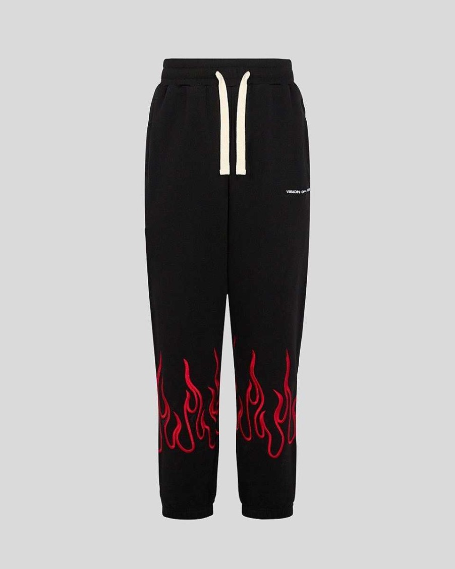 Men Vision of Super Pants | Black Pants With Red Embroidered Flames