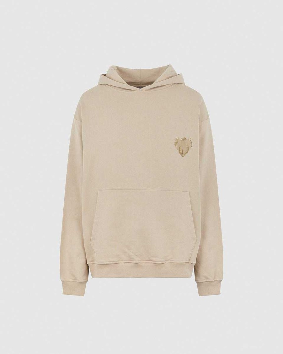 Men Vision of Super Sweatshirts | Light Brown Hoodie With Embroidered Flaming Heart